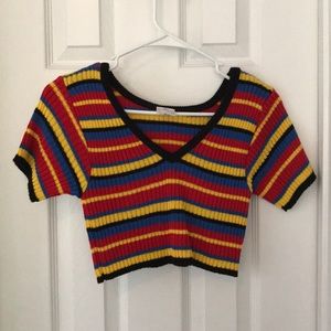 Multi-Colored Striped Crop Top V-Neck